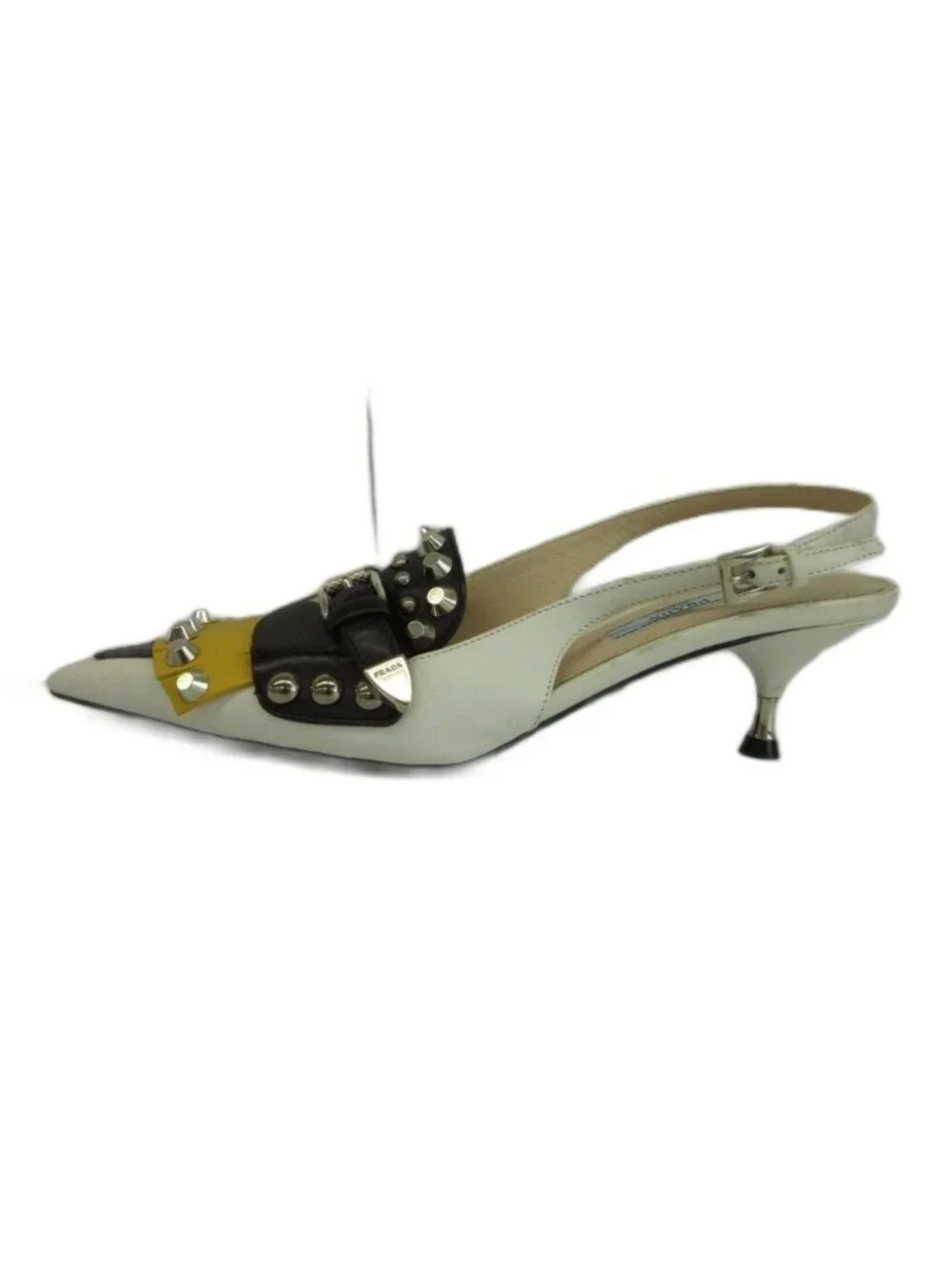 Prada Pumps Leather Pointed Toe Kitten Heels Studs Fringe Sling Back